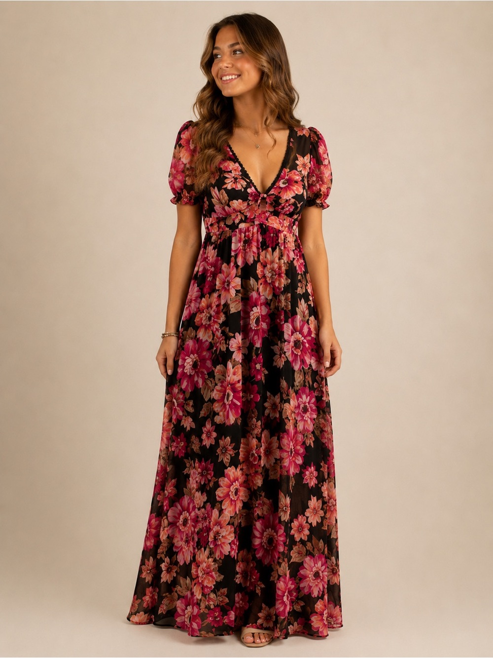 Crystal Doll Black Maxi Dress with Pink Floral Print Prom Wedding Guest Y2K